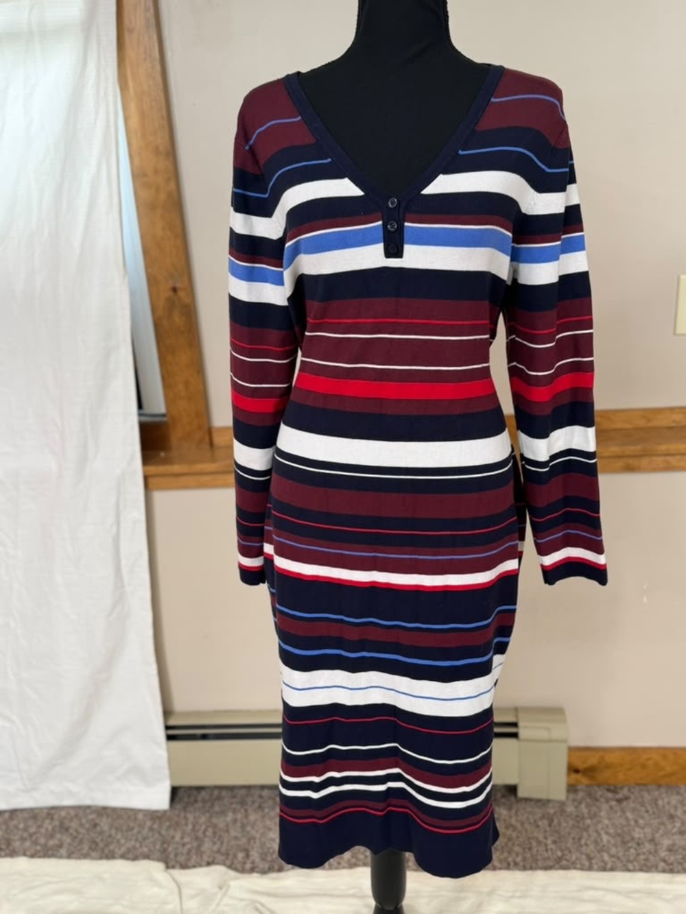 Tommy Hilfiger Navy, Red & White Striped V-Neck Long Sleeve Dress
